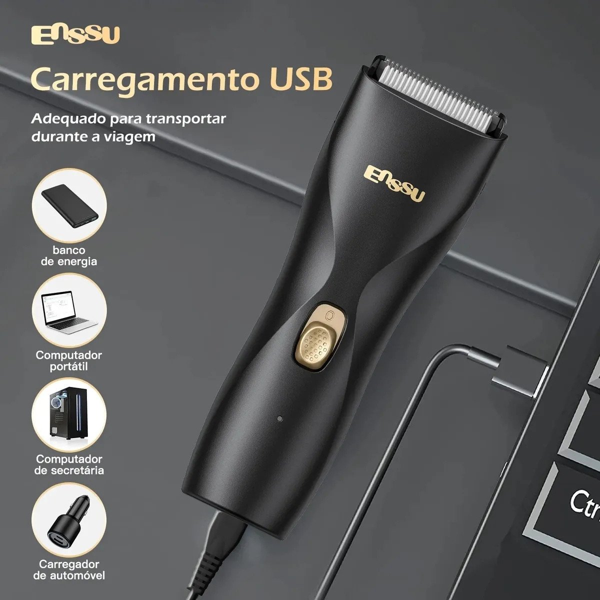 ENSSU aparador de pelos corporais masculino preto com tela de LED e aprova d'água